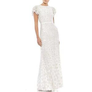 Mac Duggal Beaded Short Flutter Sleeve Crew Neck Sheath Gown 10748 $598 Size 2
